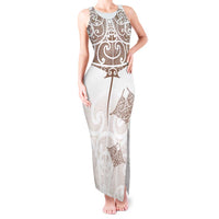 New Zealand Manta Ray Tattoo Tank Maxi Dress Aotearoa Maori Haehae Beige - Polynesian Pride