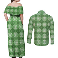 Green Hawaiian Quilt Couples Matching Off Shoulder Maxi Dress and Long Sleeve Button Shirt Hawaii Pineapple Monstera Palaka Motifs - Polynesian Pride