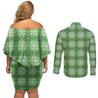 Green Hawaiian Quilt Couples Matching Off Shoulder Short Dress and Long Sleeve Button Shirt Hawaii Pineapple Monstera Palaka Motifs - Polynesian Pride