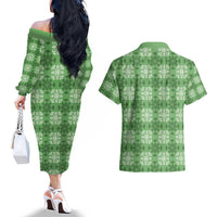 Green Hawaiian Quilt Couples Matching Off The Shoulder Long Sleeve Dress and Hawaiian Shirt Hawaii Pineapple Monstera Palaka Motifs - Polynesian Pride
