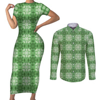 Green Hawaiian Quilt Couples Matching Short Sleeve Bodycon Dress and Long Sleeve Button Shirt Hawaii Pineapple Monstera Palaka Motifs - Polynesian Pride
