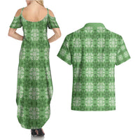 Green Hawaiian Quilt Couples Matching Summer Maxi Dress and Hawaiian Shirt Hawaii Pineapple Monstera Palaka Motifs - Polynesian Pride