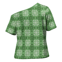 Green Hawaiian Quilt Cross Shoulder Shirt Hawaii Pineapple Monstera Palaka Motifs - Polynesian Pride