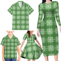 Green Hawaiian Quilt Family Matching Long Sleeve Bodycon Dress and Hawaiian Shirt Hawaii Pineapple Monstera Palaka Motifs - Polynesian Pride