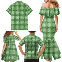 Green Hawaiian Quilt Family Matching Mermaid Dress and Hawaiian Shirt Hawaii Pineapple Monstera Palaka Motifs - Polynesian Pride