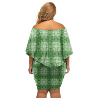 Green Hawaiian Quilt Family Matching Off Shoulder Short Dress and Hawaiian Shirt Hawaii Pineapple Monstera Palaka Motifs - Polynesian Pride