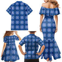 Royal Blue Hawaiian Quilt Family Matching Mermaid Dress and Hawaiian Shirt Hawaii Pineapple Monstera Palaka Motifs - Polynesian Pride