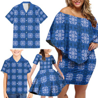 Royal Blue Hawaiian Quilt Family Matching Off Shoulder Short Dress and Hawaiian Shirt Hawaii Pineapple Monstera Palaka Motifs - Polynesian Pride