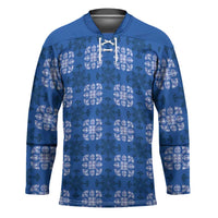 Royal Blue Hawaiian Quilt Hockey Jersey Hawaii Pineapple Monstera Palaka Motifs - Polynesian Pride