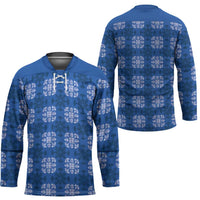 Royal Blue Hawaiian Quilt Hockey Jersey Hawaii Pineapple Monstera Palaka Motifs - Polynesian Pride