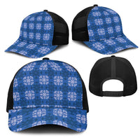 Royal Blue Hawaiian Quilt Mesh Trucker Cap Hawaii Pineapple Monstera Palaka Motifs - Polynesian Pride
