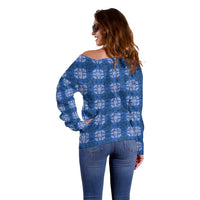Royal Blue Hawaiian Quilt Off Shoulder Sweater Hawaii Pineapple Monstera Palaka Motifs - Polynesian Pride