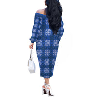 Royal Blue Hawaiian Quilt Off The Shoulder Long Sleeve Dress Hawaii Pineapple Monstera Palaka Motifs - Polynesian Pride