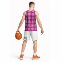 Pink Hawaiian Quilt Basketball Jersey Hawaii Pineapple Monstera Palaka Motifs - Polynesian Pride