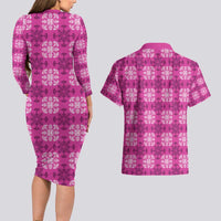 Pink Hawaiian Quilt Couples Matching Long Sleeve Bodycon Dress and Hawaiian Shirt Hawaii Pineapple Monstera Palaka Motifs - Polynesian Pride