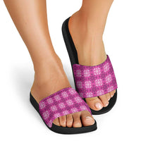 Pink Hawaiian Quilt Slide Sandals Hawaii Pineapple Monstera Palaka Motifs - Polynesian Pride