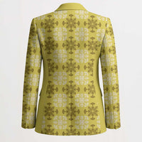 Yellow Hawaiian Quilt Blazer Hawaii Pineapple Monstera Palaka Motifs - Polynesian Pride