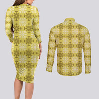 Yellow Hawaiian Quilt Couples Matching Long Sleeve Bodycon Dress and Long Sleeve Button Shirt Hawaii Pineapple Monstera Palaka Motifs - Polynesian Pride