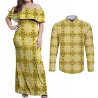 Yellow Hawaiian Quilt Couples Matching Off Shoulder Maxi Dress and Long Sleeve Button Shirt Hawaii Pineapple Monstera Palaka Motifs - Polynesian Pride