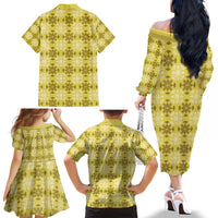 Yellow Hawaiian Quilt Family Matching Off The Shoulder Long Sleeve Dress and Hawaiian Shirt Hawaii Pineapple Monstera Palaka Motifs - Polynesian Pride