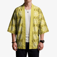 Yellow Hawaiian Quilt Kimono Hawaii Pineapple Monstera Palaka Motifs - Polynesian Pride