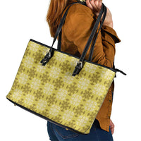 Yellow Hawaiian Quilt Leather Tote Bag Hawaii Pineapple Monstera Palaka Motifs - Polynesian Pride