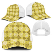 Yellow Hawaiian Quilt Mesh Trucker Cap Hawaii Pineapple Monstera Palaka Motifs - Polynesian Pride