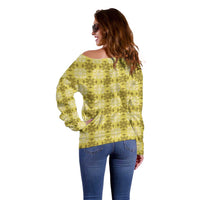 Yellow Hawaiian Quilt Off Shoulder Sweater Hawaii Pineapple Monstera Palaka Motifs - Polynesian Pride