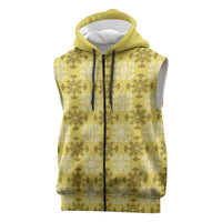 Yellow Hawaiian Quilt Sleeveless Zip Hoodie Hawaii Pineapple Monstera Palaka Motifs - Polynesian Pride