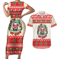Mele Kalikimaka Hawaii Couples Matching Short Sleeve Bodycon Dress and Hawaiian Shirt Funny Beer-Loving Santa Hawaiian Tropical - Polynesian Pride