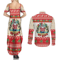 Mele Kalikimaka Hawaii Couples Matching Summer Maxi Dress and Long Sleeve Button Shirt Funny Beer-Loving Santa Hawaiian Tropical - Polynesian Pride