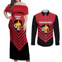 Hekari Papua New Guinea Football Custom Couples Matching Off Shoulder Maxi Dress and Long Sleeve Button Shirt Go PNG Red Army