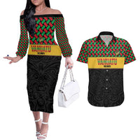 Vanuatu Football Custom Couples Matching Off The Shoulder Long Sleeve Dress and Hawaiian Shirt Go Chiefs Basket-weave Pattern
