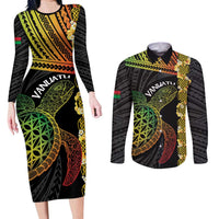 Vanuatu Sand Drawing Turtle Couples Matching Long Sleeve Bodycon Dress and Long Sleeve Button Shirt Happy Independence Day LT14 Black - Polynesian Pride