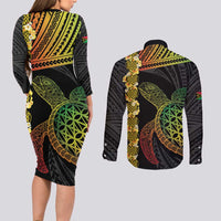 Vanuatu Sand Drawing Turtle Couples Matching Long Sleeve Bodycon Dress and Long Sleeve Button Shirt Happy Independence Day LT14 - Polynesian Pride
