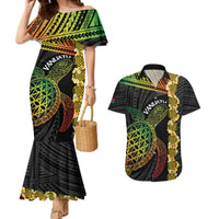Vanuatu Sand Drawing Turtle Couples Matching Mermaid Dress and Hawaiian Shirt Happy Independence Day LT14 Black - Polynesian Pride