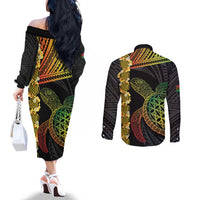 Vanuatu Sand Drawing Turtle Couples Matching Off The Shoulder Long Sleeve Dress and Long Sleeve Button Shirt Happy Independence Day