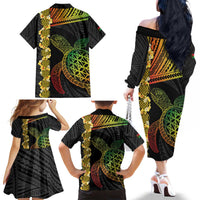 Vanuatu Sand Drawing Turtle Family Matching Off The Shoulder Long Sleeve Dress and Hawaiian Shirt Happy Independence Day