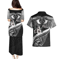 Black Polynesia Couples Matching Puletasi and Hawaiian Shirt Tribal Pattern Tropical Frangipani