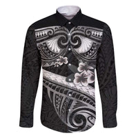 Black Polynesia Family Matching Off The Shoulder Long Sleeve Dress and Hawaiian Shirt Tribal Pattern Tropical Frangipani