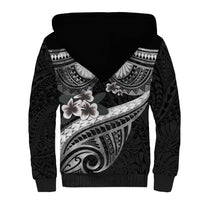 Black Polynesia Sherpa Hoodie Tribal Pattern Tropical Frangipani