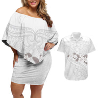 White Polynesia Couples Matching Off Shoulder Short Dress and Hawaiian Shirt Tribal Pattern Tropical Frangipani