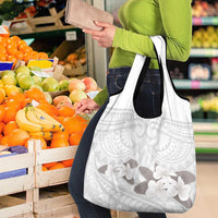 White Polynesia Grocery Bag Tribal Pattern Tropical Frangipani