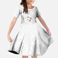 White Polynesia Kid Short Sleeve Dress Tribal Pattern Tropical Frangipani