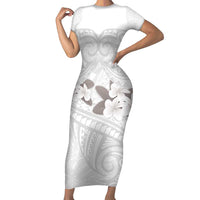 White Polynesia Short Sleeve Bodycon Dress Tribal Pattern Tropical Frangipani