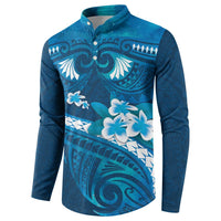 Blue Polynesia Button Sweatshirt Tribal Pattern Tropical Frangipani