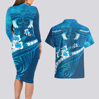 Blue Polynesia Couples Matching Long Sleeve Bodycon Dress and Hawaiian Shirt Tribal Pattern Tropical Frangipani
