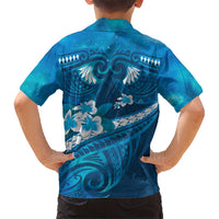 Blue Polynesia Kid Hawaiian Shirt Tribal Pattern Tropical Frangipani