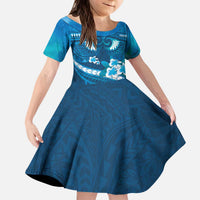 Blue Polynesia Kid Short Sleeve Dress Tribal Pattern Tropical Frangipani