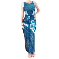 Blue Polynesia Tank Maxi Dress Tribal Pattern Tropical Frangipani